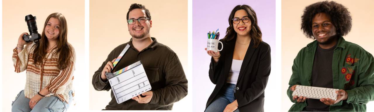 Person on the left is holding a camera with an orange backgrund, next person is holding a sign in an orange backgriound, next is a person holding a graphic design mug with a purple background and person on the right is holding up a keyboard with an orange